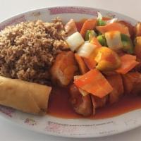 Sweet And Sour Chicken  · All white meat. served with choice of rice.