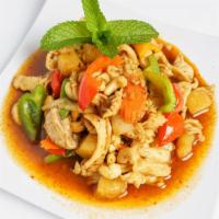 Chicken Cashew Nut Stir-Fried · Stir-fried slices of meat in thai soy sauce with cashew nuts, mushrooms, pineapple, onions, ...