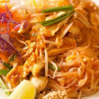 Chicken Pad Thai · Choice of chicken, beef, pork or tofu. Stir-fried rice noodles with meat, special pad thai s...