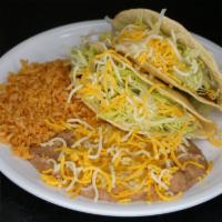 Two Beef Tacos Plate · Served with rice and beans.