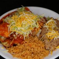 Chile Relleno And Enchilada Plate · Served with rice and beans.