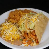 Two Chicken Tacos Plate · Served with rice and beans.