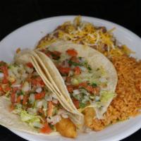 Two Fish Tacos Plate · Served with rice and beans.