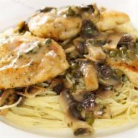 Wine A Minute (Linguine) · Linguine cooked in white wine sauce with chicken, mushroom, lemon, and capers.