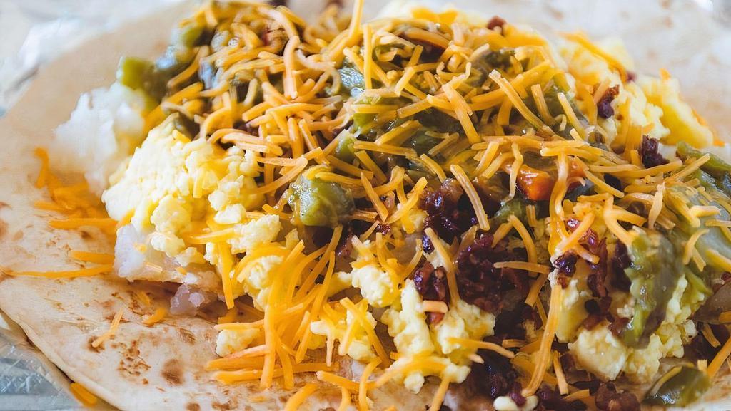 Breakfast Burritos · Bacon or Chorizo, Eggs, Potatoes, Cheese, and your choice of chile