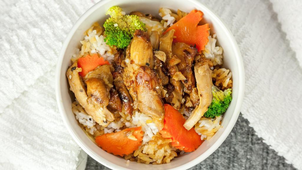 Teriyaki Chicken Bowl · Teriyaki chicken with steamed vegetables on top of rice with teriyaki sauce