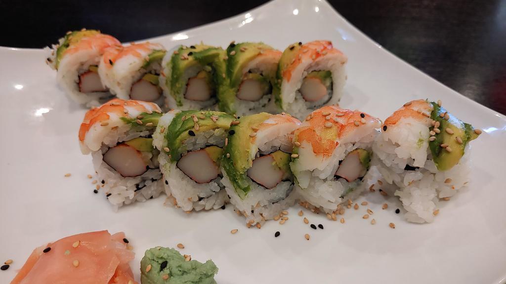 Tiger Roll · California roll with  shrimp and avocado on top.