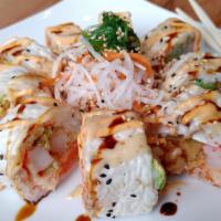Monster Roll · Salmon, crab, avocado, cucumber, crawfish lobster, shrimp tempura, flying fish eggs inside a...