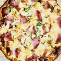 Hawaiian Bbq Pizza (760 Cal) · bbq sauce, mozzarella, Canadian bacon, pineapple, red onion, cilantro