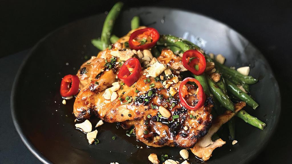 Chili Garlic Chicken · Garlic green beans, roasted cashew, pickled fresno chiles, chives