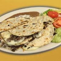 Mulitas Plate (3) · Choice of meat (3), served with rice, beans, salad, guacamole, grilled jalapeno peppers, gri...