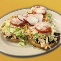 Sopes · Choice of meat, cabbage, tomato, cheese, Mexican cream, salsa.