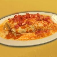 Wet Burrito · Choice of meat, rice, beans, cheese, tomato, cream.