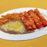 Enchiladas · Choice of meat, served with rice, beans and cheese.