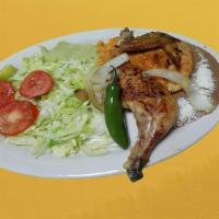 Pollo Asado · Broiled Chicken served with rice, beans, salad, guacamole, grilled jalapeno peppers, grilled...