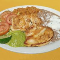 Chicken Breast · Broiled chicken breast. Served with rice, beans, salad, guacamole, green jalapeno peppers. C...