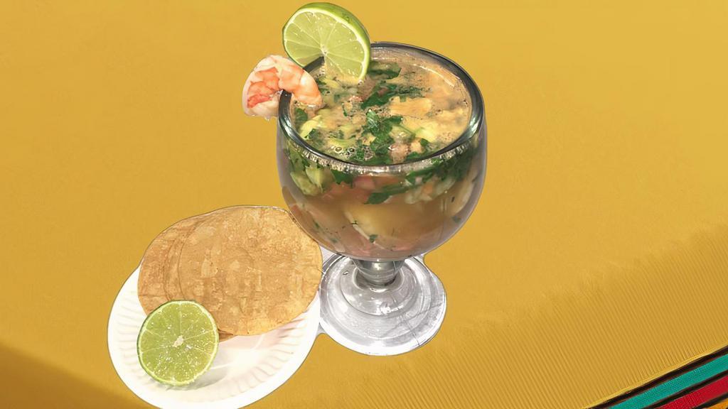 Shrimp Cocktail · Served Hot or Cold, comes with onions, avocado, cilantro, tomato. Crackers or tostada on the side.
