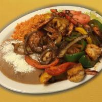 Camarones A La Diabla · Served with rice, beans and salad. Choice of flour or corn tortillas.