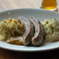 Bratwurst Sausage Dinner · A traditional Bavarian-style bratwurst served with dijon mustard, served with mashed potatoe...