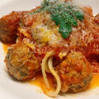Spaghetti Alle Polpette · Italian meatballs sautéed in fresh tomato sauce with parmigiano. (Meatballs contains gluten ...