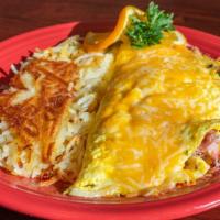 Large Denver Omelet · Diced ham, onions, bell peppers, cheddar and Jack cheese. Served with hash browns or fruit c...