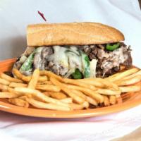 Philly Cheesesteak Sandwich · Grilled thin-sliced steak, onions, bell peppers, mushrooms, provolone cheese on choice of br...