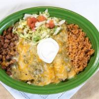 3 Green Chile Chicken Ench · Three rolled enchiladas filled with shredded chicken and topped with green chili sauce and c...