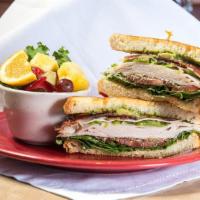 California Turkey Sandwich · Smoked turkey, ripe avocado, crisp bacon, cheese, green chile, alfalfa sprouts, lettuce and ...