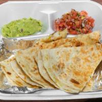 Chicken Quesadilla  · Flour tortilla, grileld chicken breast, cheese, onion, cilantro, served with tomato rice, be...