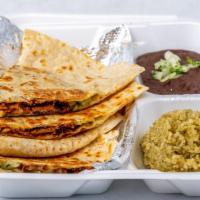 Alpastor Quesadilla · Flour tortilla, marinated pork loin, cheese, onion, cilantro, served with tomato rice, bean ...