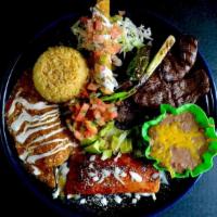 Plato Mexicano · Platter of mexican favorites that includes . - Taquitos Rancheros. - Carne Asada. -Chile Rel...