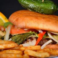Cheeseburger · ½ lb. all beef burger grilled with cheese. Served with green leaf lettuce, tomato and onion ...