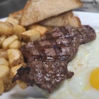 Steak & Eggs · grilled New York with two eggs. Served with home fries and toast