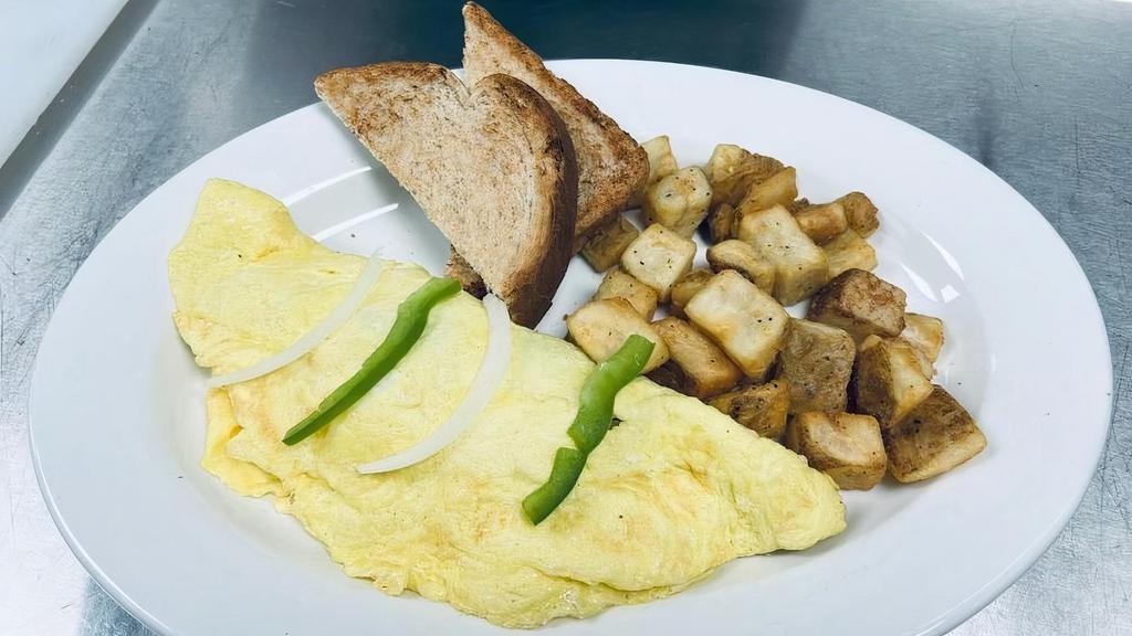 Byo Omelet · choose any three: mushrooms, bell peppers, bacon, ham, chorizo, onions, tomatoes, spinach, artichoke hearts, avocado, cheddar cheese. additional items +.75. Served with home fries and toast