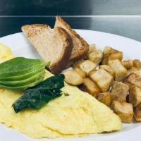 California Omelet · tomato, mushrooms, spinach, avocado. Served with home fries and toast