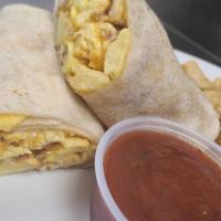 Breakfast Burrito · chorizo, eggs, potatoes, cheddar cheese. Served with home fries and toast