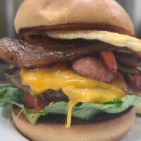 A. Burger · linguica, pig candy, roasted peppers, mushroom, cheddar cheese, fried egg, with choice of fr...