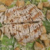 Chicken Caesar Salad · romaine, shaved parmesan, garlic croutons,. sliced chicken breast