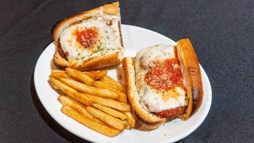 Chicken Parm Sub · breaded chicken breast, housemade tomato sauce,. mozzarella cheese, fresh basil. with choice of fries, tater tots, or onion rings (+1)