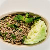 Larb Chicken-Lao Style · Gluten free. Lemongrass, mint, scallions, onions, and cilantro.
