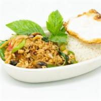 Lao Spicy Basil · Minced chicken stir fried with bell peppers, onions, sweet basil, mushroom, and bamboo shoot...