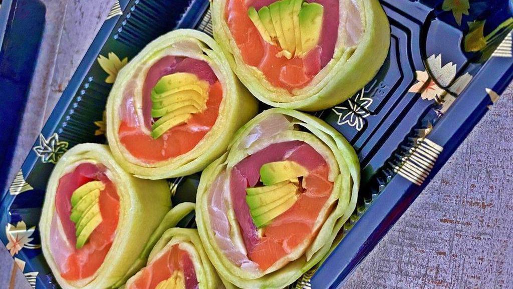 Rainbow Naruto App · Tuna, salmon, yellowtail, avocado, and crab meat wrap in cucumber without rice.