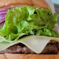 Mushroom Burger · 1/3 lbs black Angus beef, Swiss cheese, sautéed mushrooms, house sauce, lettuce, pickles, on...