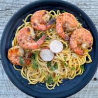 Garlic Noodles & Fried Shrimps · Wheat noodles, butter, garlic, parmesan, scallions,  spicy house sauce, served with Fried Sh...