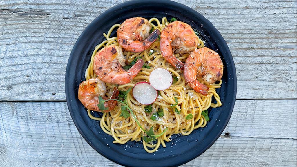 Garlic Noodles & Fried Shrimps · Wheat noodles, butter, garlic, parmesan, scallions,  spicy house sauce, served with Fried Shrimps (5).
