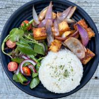 Stir-Fried Tofu Platter · Tofu stir-fried with secret sauce, red onions, served with side of salad and white rice.