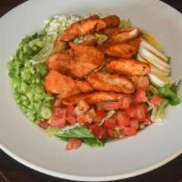 Buffalo Chicken Salad · Buffalo chicken, ranch dressing, blue cheese crumbles, egg, tomato, romaine hearts, and gree...