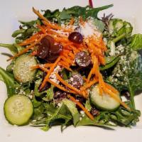 Redmond’S House Salad · Cucumbers, grapes, carrots, cotija cheese, organic mixed greens, with Redmond's white balsam...