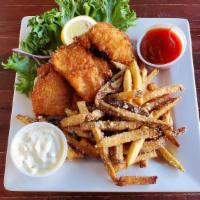 Kids Fish & Chips · Two pieces of our hand-breaded alaskan cod. served with french fries or fruit.