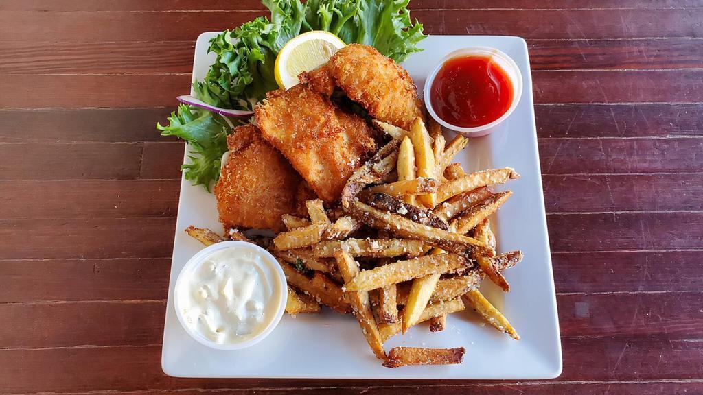 Kids Fish & Chips · Two pieces of our hand-breaded alaskan cod. served with french fries or fruit.